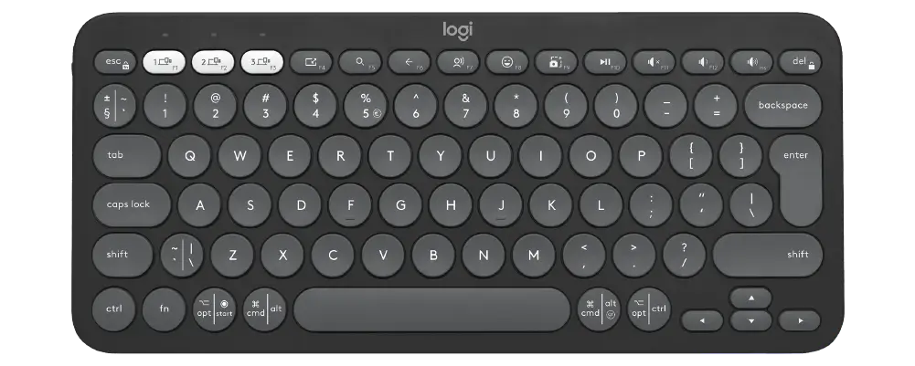 Logitech wireless keyboard Pebble Keys 2 K380s in Tonal Rose, showcasing its slim, minimalist profile and round, low-profile keys.