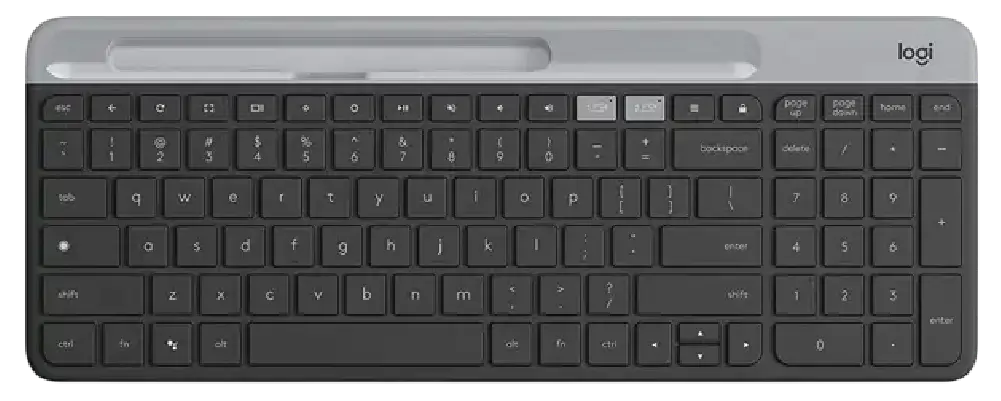 Logitech Wave Keys ergonomic wireless keyboard with integrated cushioned palm rest alongside the Lift vertical ergonomic mouse.