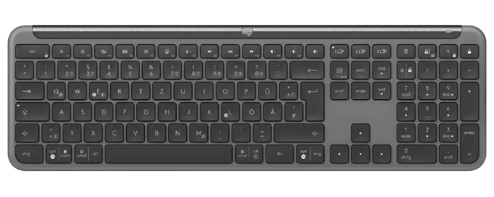 Top-down view of the slim, modern Logitech K950 wireless keyboard in graphite with standard full-size layout.