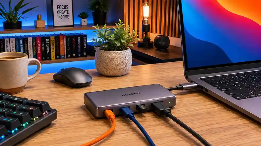 Ugreen Revodok 5-in-1 Review – USB-C hub connected to a laptop in a modern desktop workspace.